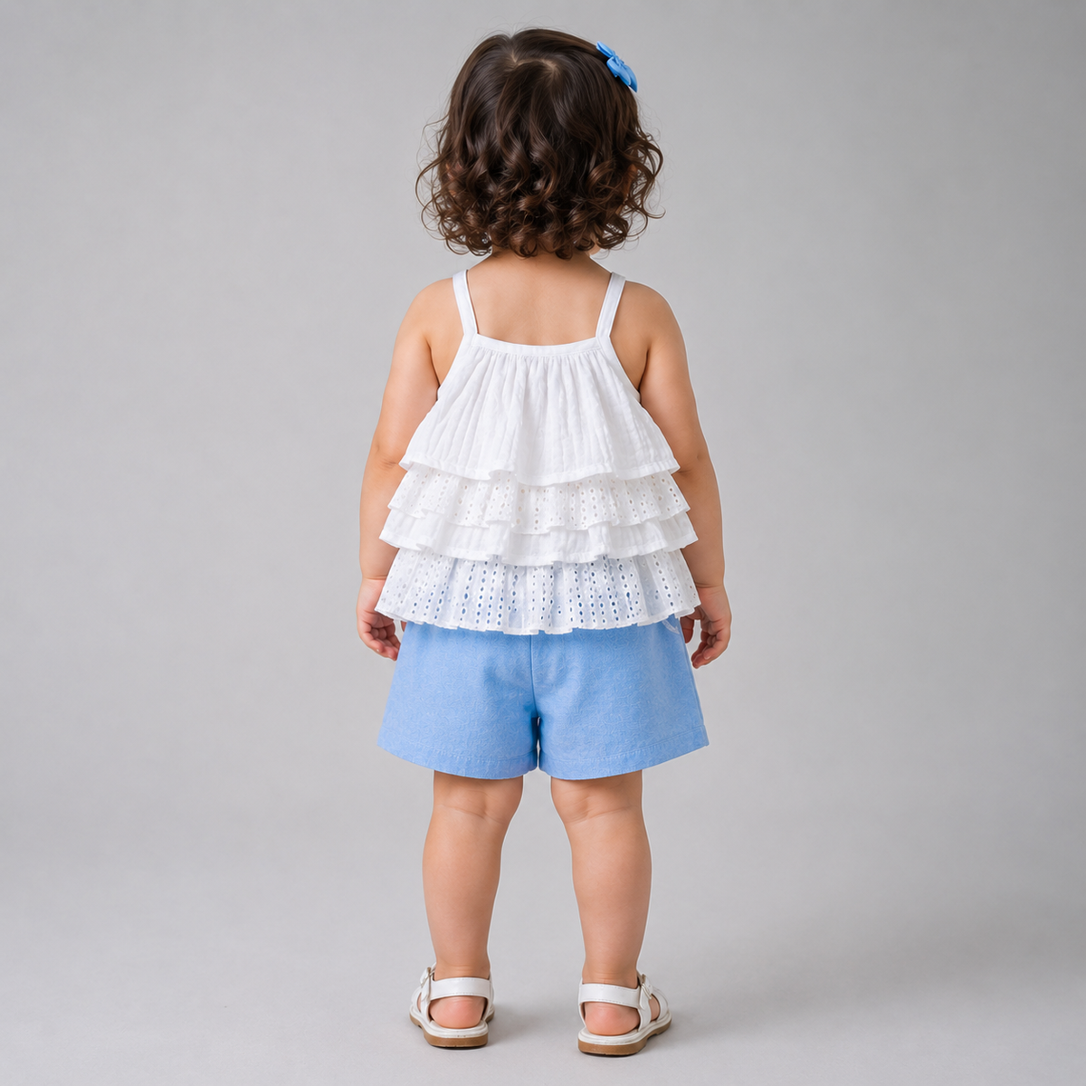 Mia Sky Tiered Top in Eyelet & Double Cloth with Chambray Shorts Set - White & Blue
