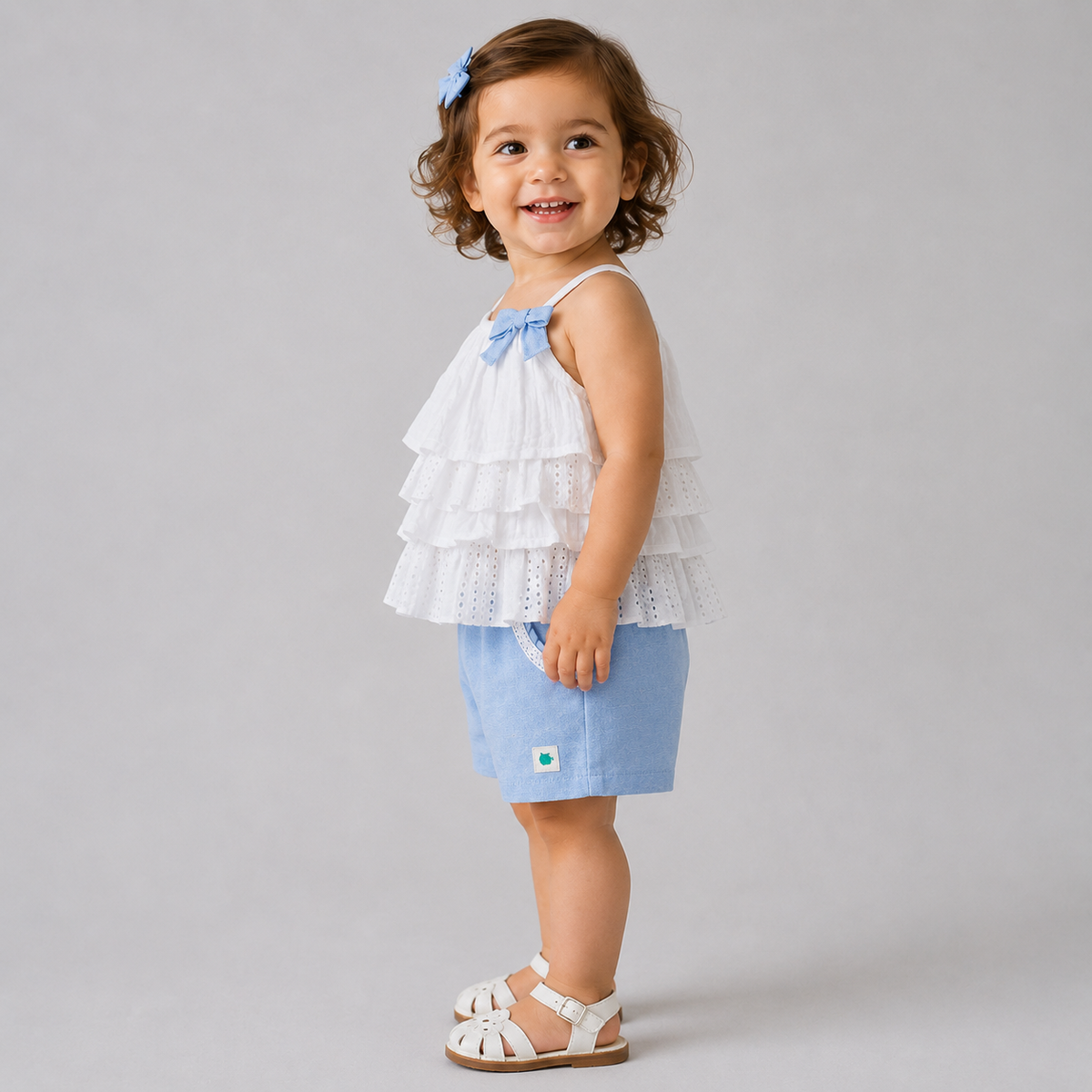 Mia Sky Tiered Top in Eyelet & Double Cloth with Chambray Shorts Set - White & Blue