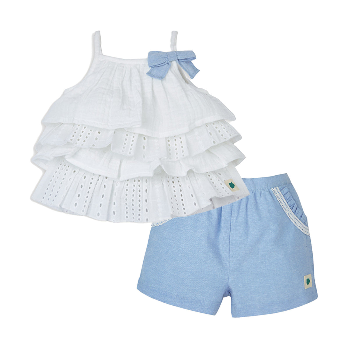 Mia Sky Tiered Top in Eyelet & Double Cloth with Chambray Shorts Set - White & Blue