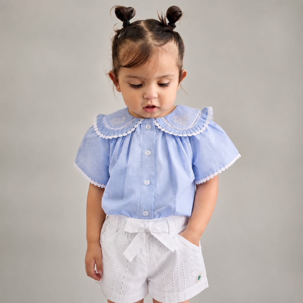 Pure Cotton Lara Sky Oxford Chambray Top with Eyelet Shorts - Blue & White