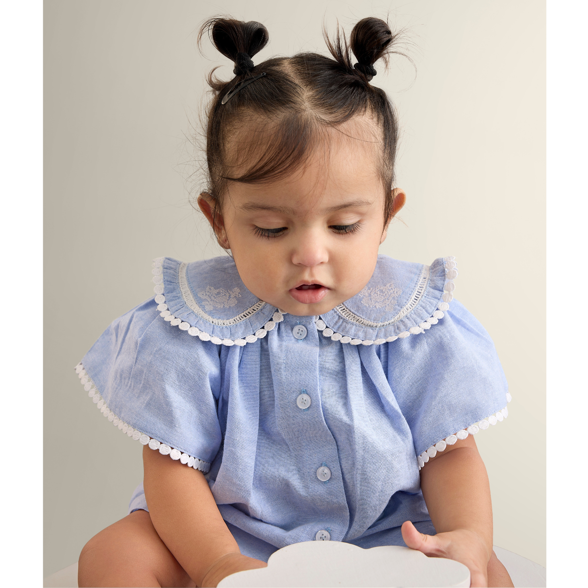 Pure Cotton Lara Sky Oxford Chambray Top with Eyelet Shorts - Blue & White