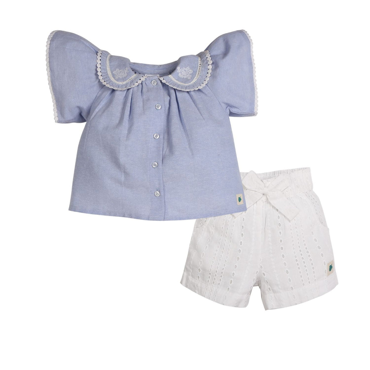 Pure Cotton Lara Sky Oxford Chambray Top with Eyelet Shorts - Blue & White