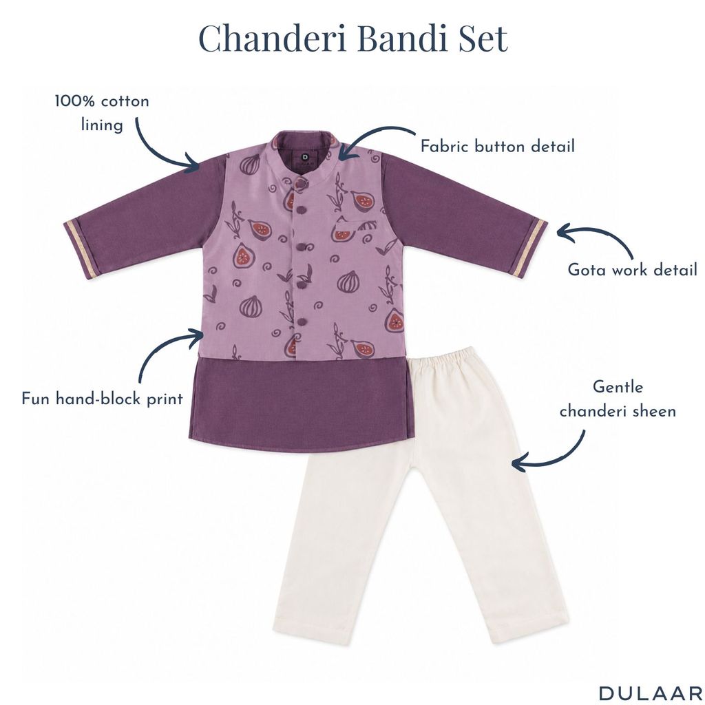 Chanderi Kurta Pyjama & Bandi Set | Hand-Block Printed