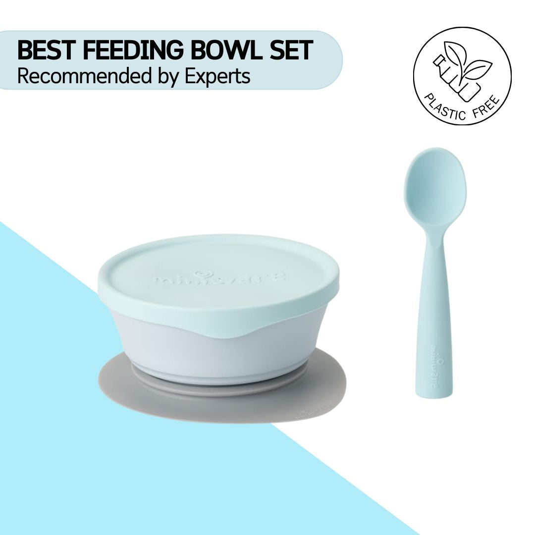 Miniware First Bite Suction Bowl With Spoon Feeding Set - Aqua