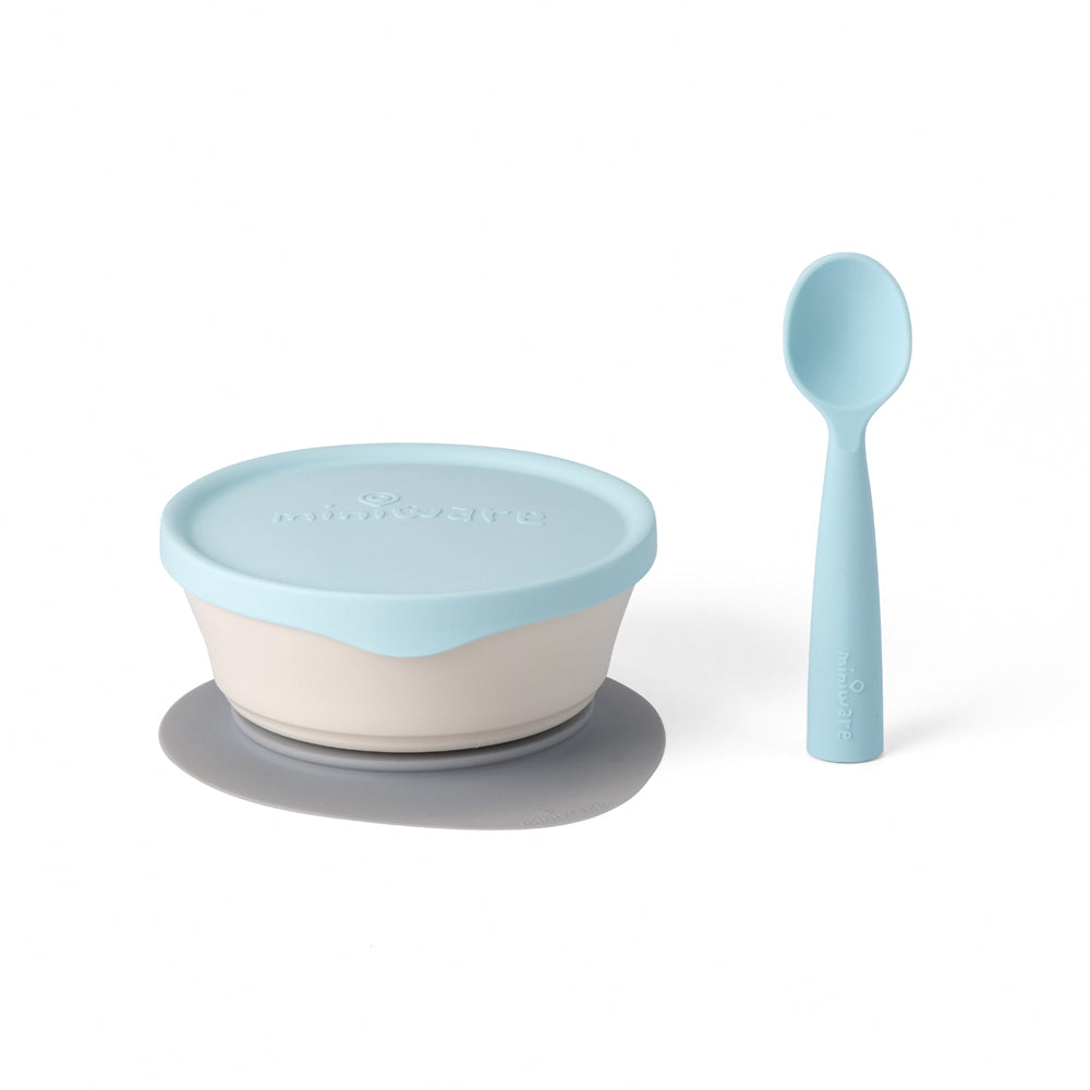 Miniware First Bite Suction Bowl With Spoon Feeding Set, Aqua