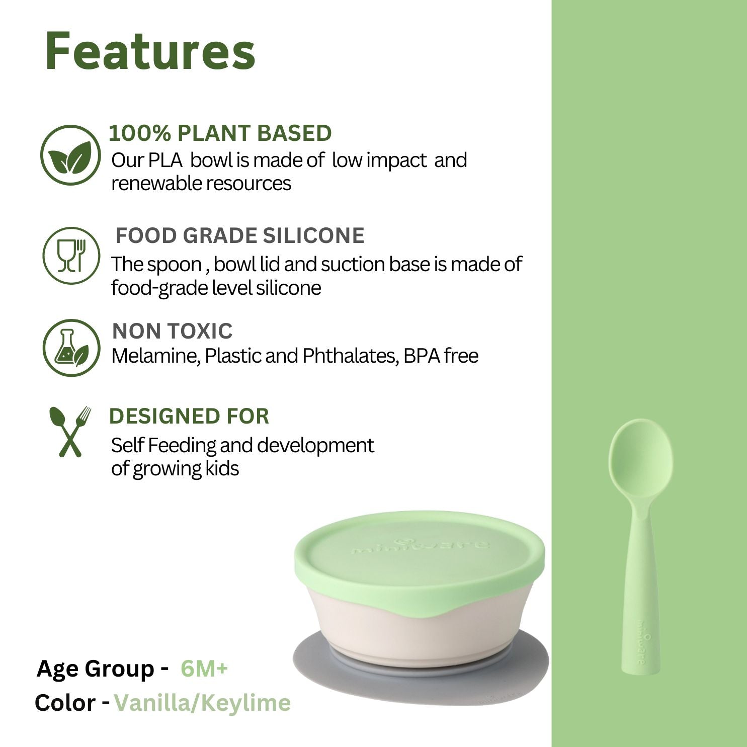 Miniware First Bite Suction Bowl With Spoon Feeding Set, Lime