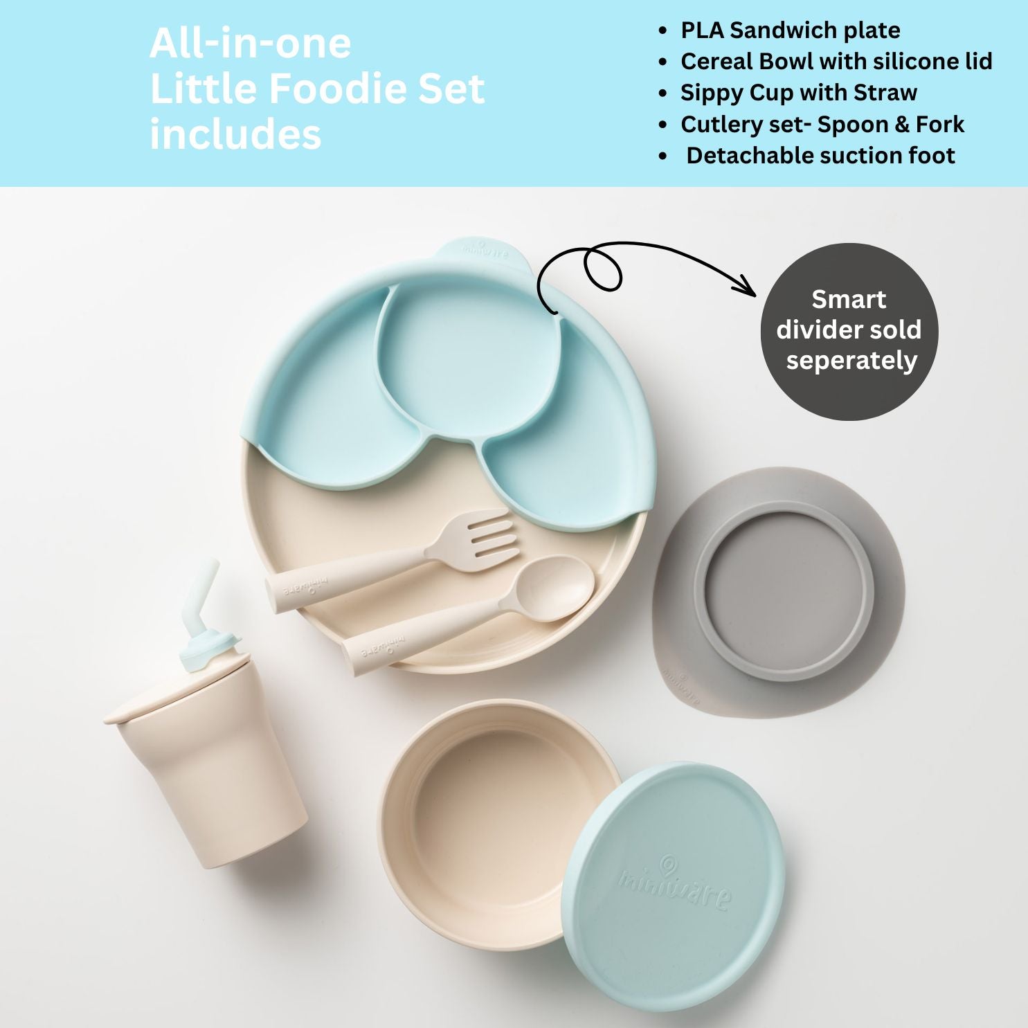 Miniware Little Foodie All-in-one Feeding Set, Vanilla/ Aqua