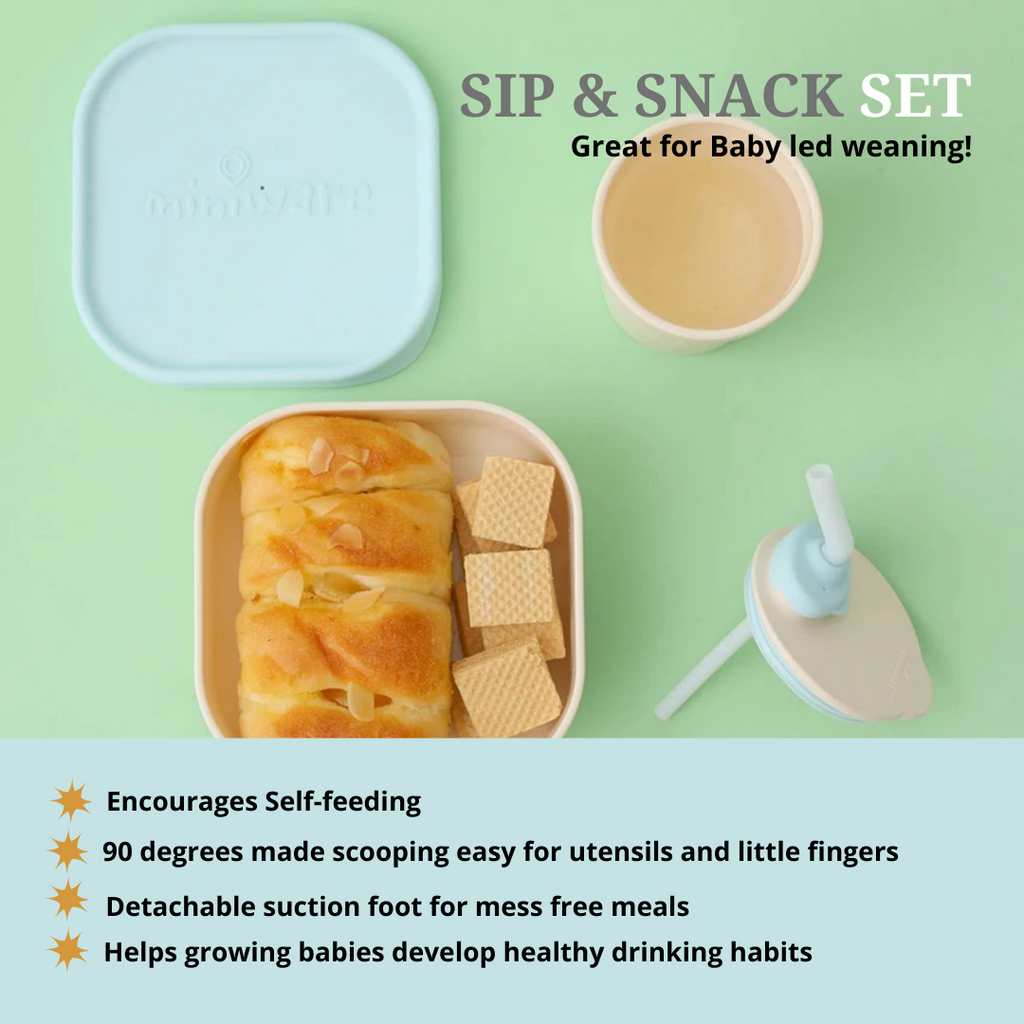Miniware Sip & Snack- Suction Bowl with Sippy Cup Feeding Set, Aqua
