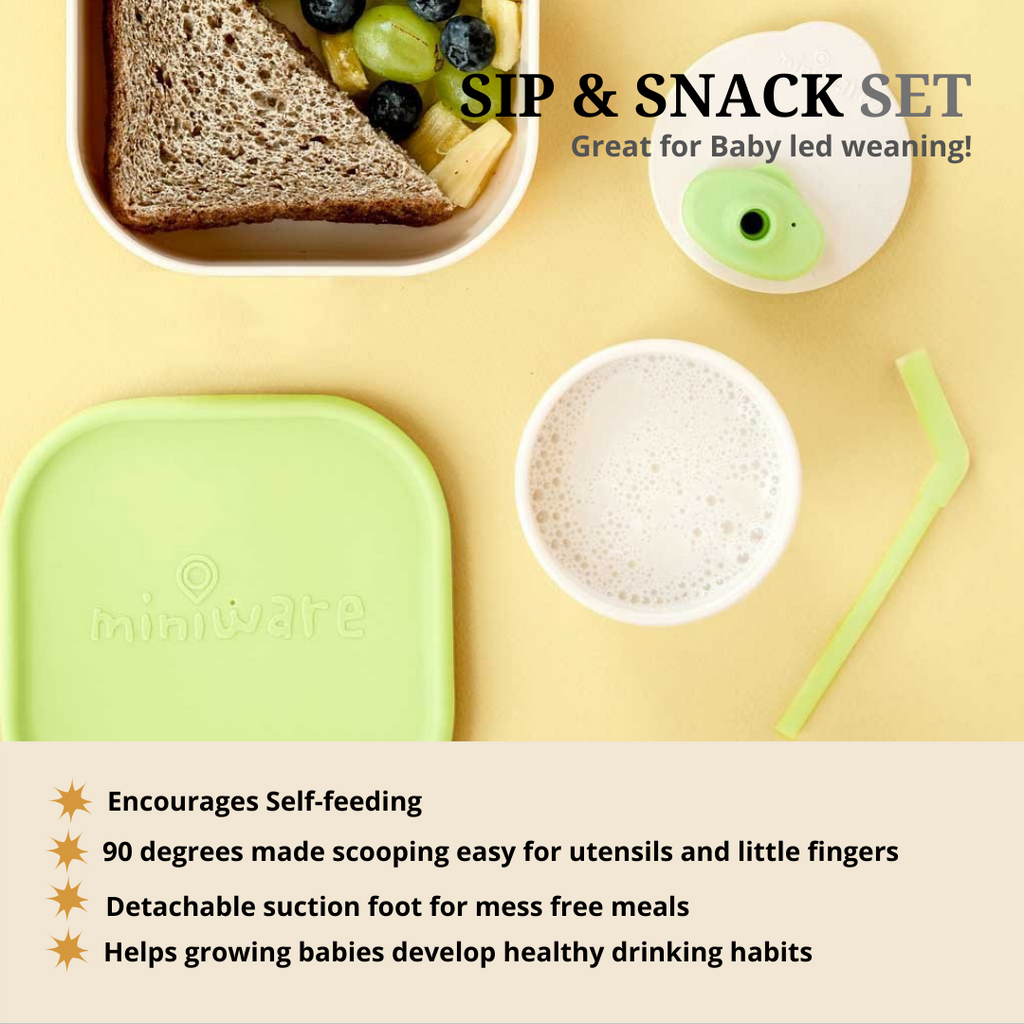 Miniware Sip & Snack- Suction Bowl with Sippy Cup Feeding Set, Lime