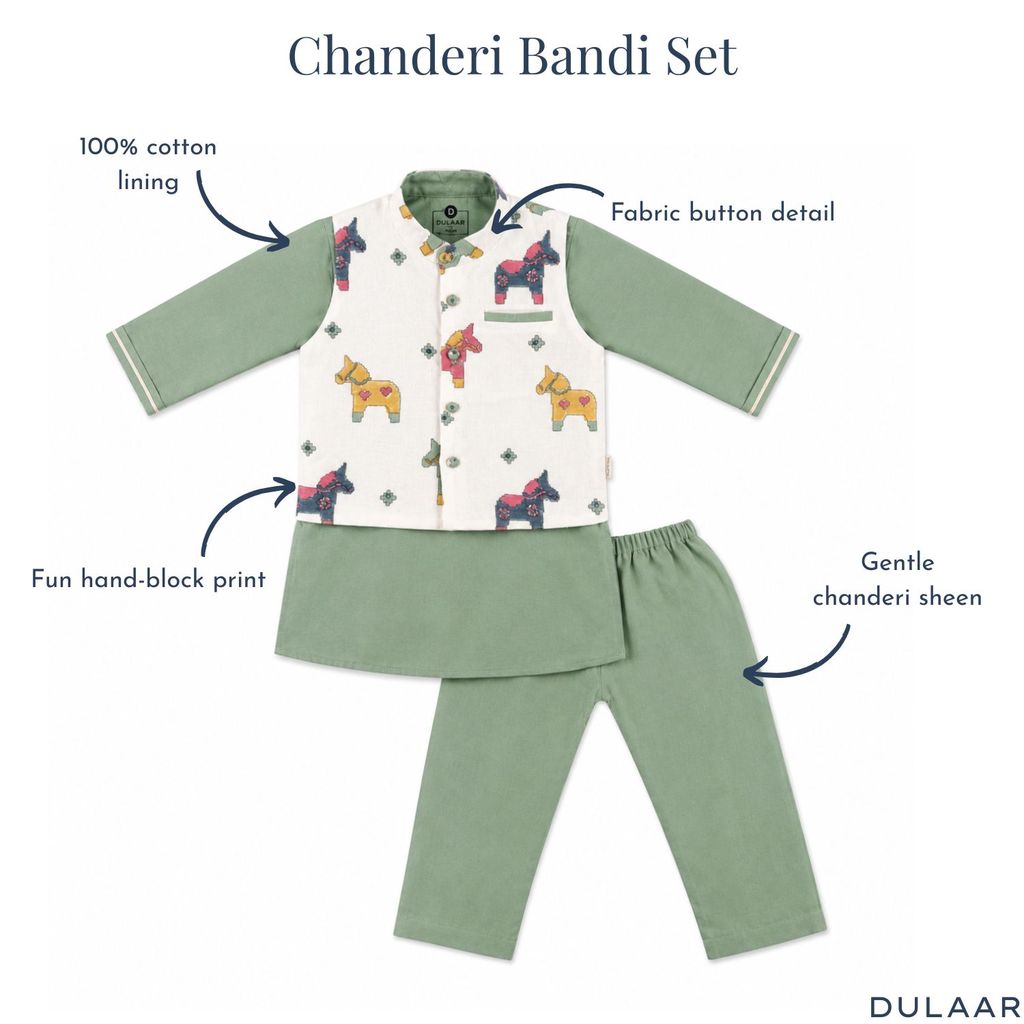 Chanderi Kurta Pyjama & Bandi Set | Hand-Block Printed