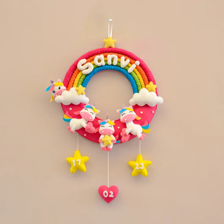 Junior Rainbow and Unicorn-Themed Custom Name Macrame Wreath