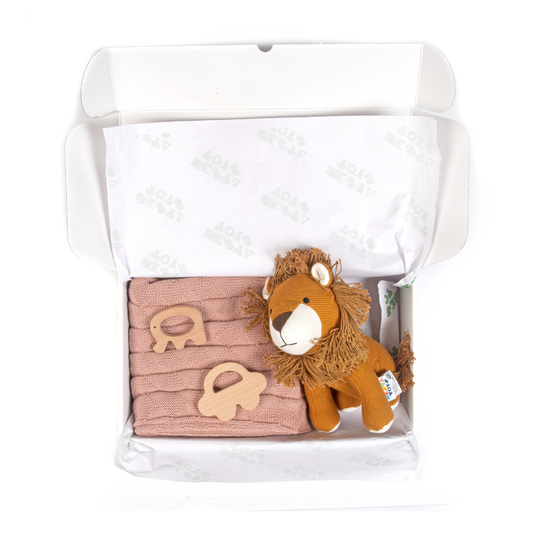 Nesta Toys -Newborn Gift Set - Knitted Cotton Blanket, Lion Plush Toy, Elephant & Car Teether