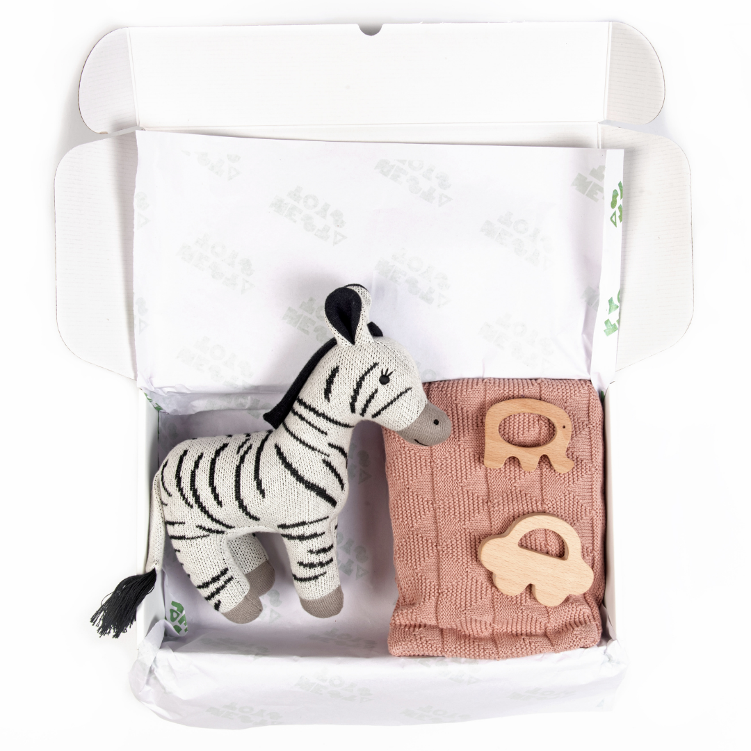 Nesta Toys -Newborn Gift Set - Knitted Cotton Blanket, Zebra Plush Toy, Elephant & Car Teether