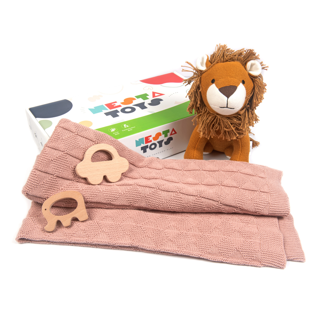 Nesta Toys -Newborn Gift Set - Knitted Cotton Blanket, Lion Plush Toy, Elephant & Car Teether