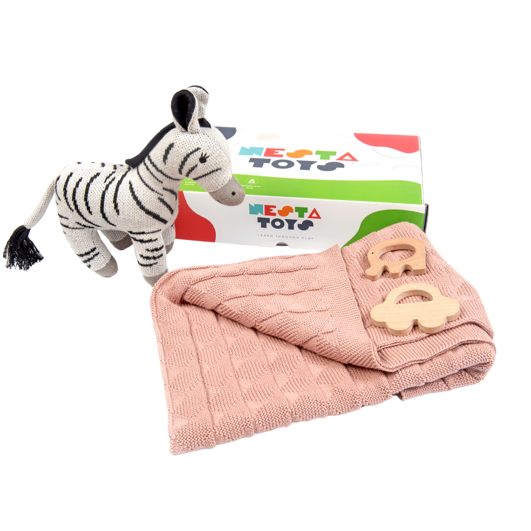 Nesta Toys -Newborn Gift Set - Knitted Cotton Blanket, Zebra Plush Toy, Elephant & Car Teether