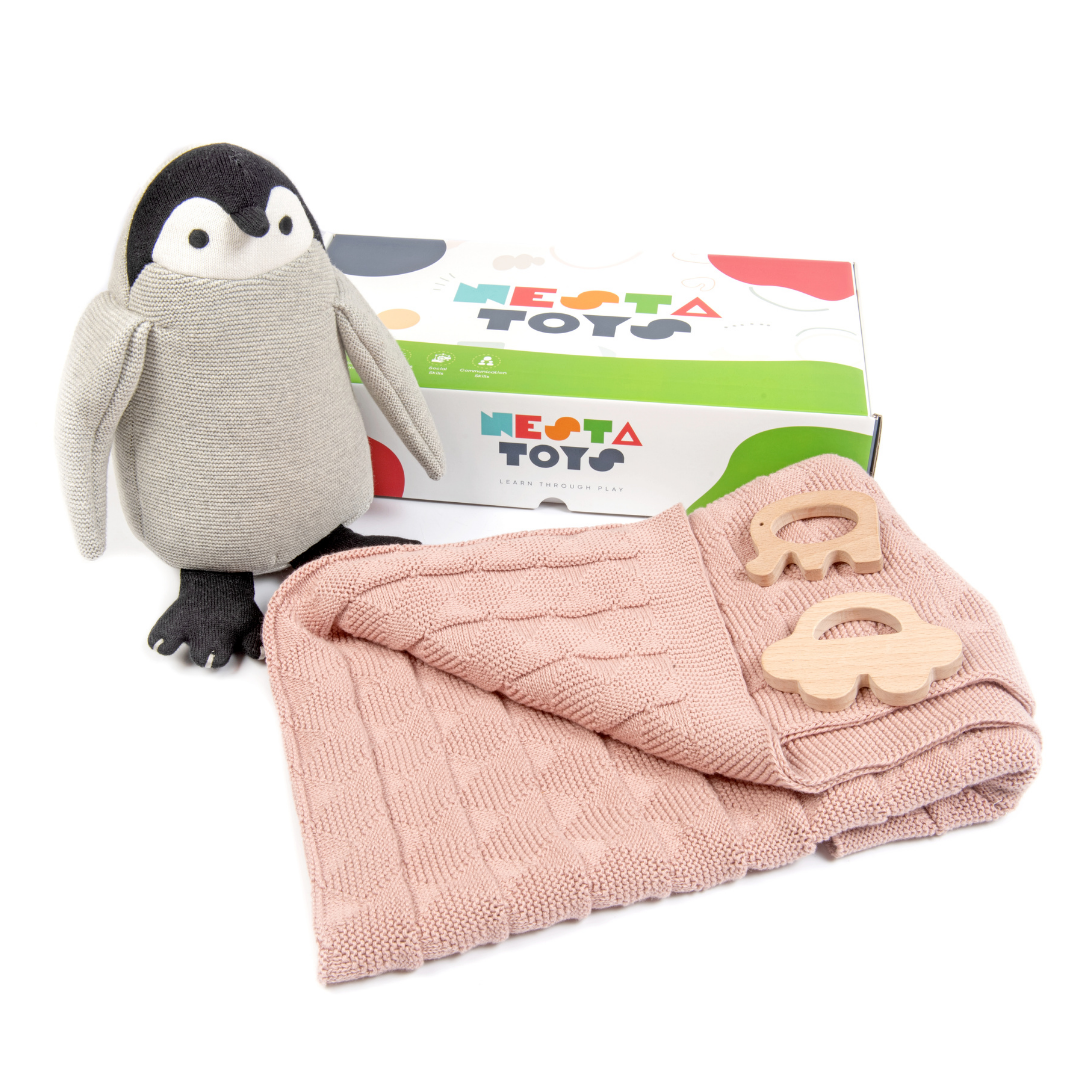 Nesta Toys -Newborn Gift Set - Knitted Cotton Blanket, Penguin Plush Toy, Elephant & Car Teether