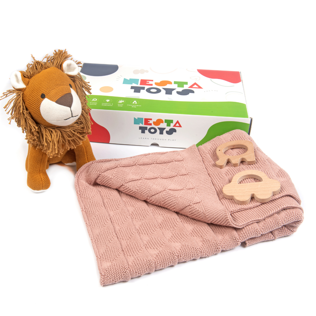 Nesta Toys -Newborn Gift Set - Knitted Cotton Blanket, Lion Plush Toy, Elephant & Car Teether