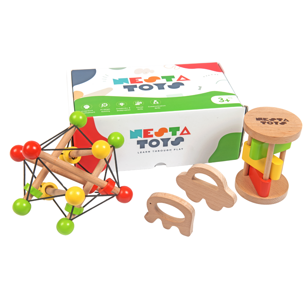 Nesta Toys -Newborn Gift Set - Wooden Skwish Rattle, Clacker Rattle, Elephant & Car Teether