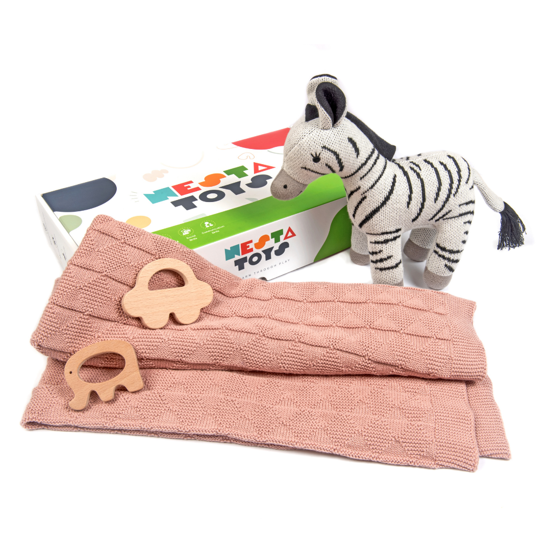 Nesta Toys -Newborn Gift Set - Knitted Cotton Blanket, Zebra Plush Toy, Elephant & Car Teether