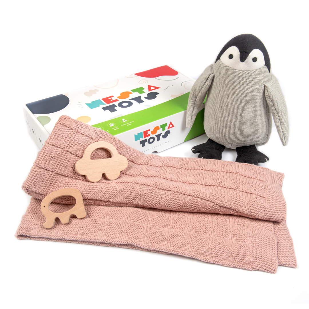 Nesta Toys -Newborn Gift Set - Knitted Cotton Blanket, Penguin Plush Toy, Elephant & Car Teether