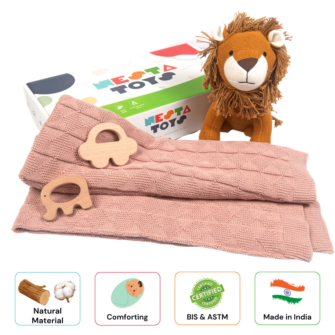 Nesta Toys -Newborn Gift Set - Knitted Cotton Blanket, Lion Plush Toy, Elephant & Car Teether