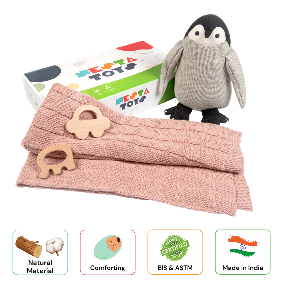 Nesta Toys -Newborn Gift Set - Knitted Cotton Blanket, Penguin Plush Toy, Elephant & Car Teether