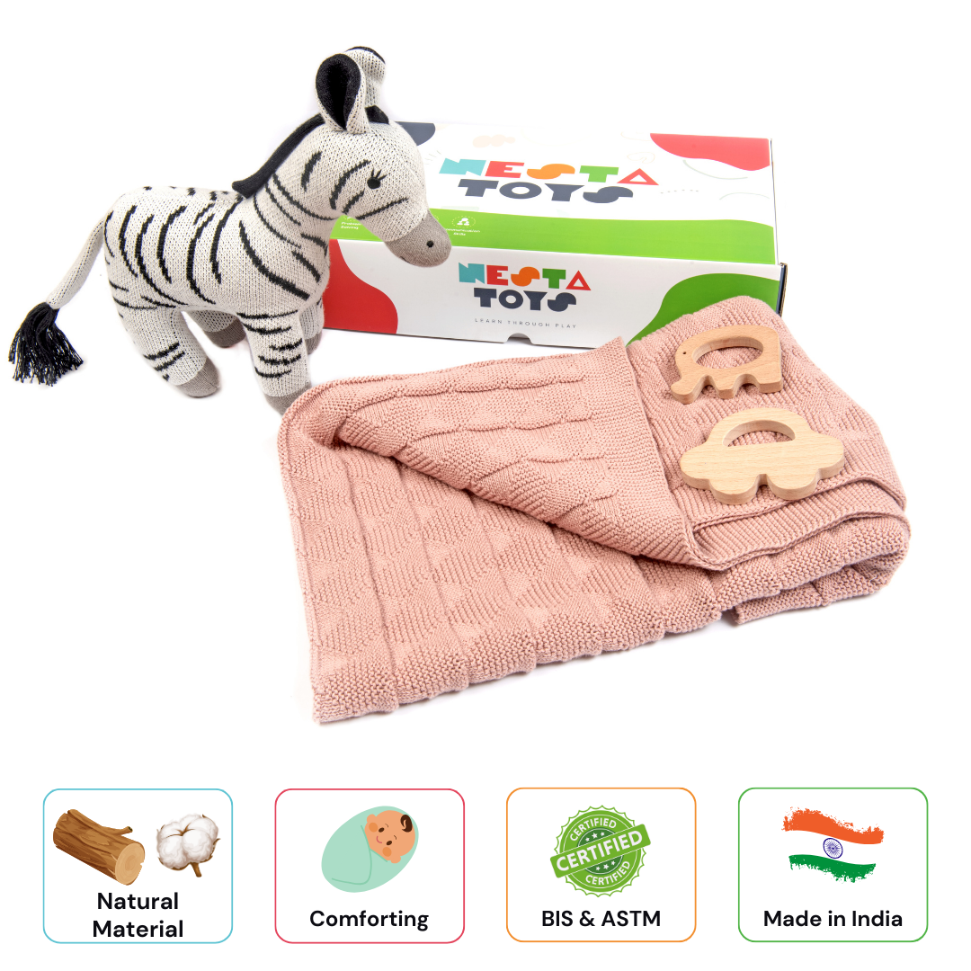 Nesta Toys -Newborn Gift Set - Knitted Cotton Blanket, Zebra Plush Toy, Elephant & Car Teether