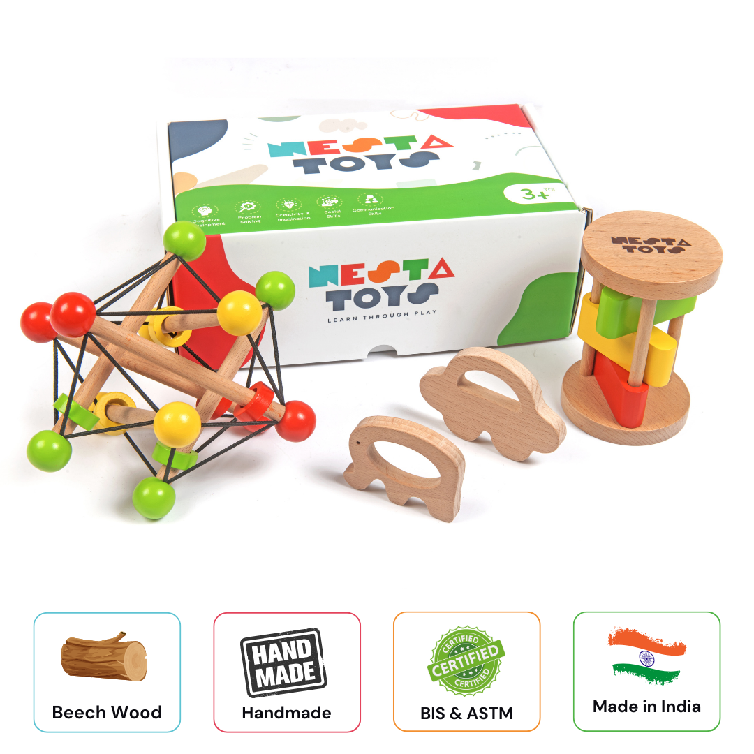 Nesta Toys -Newborn Gift Set - Wooden Skwish Rattle, Clacker Rattle, Elephant & Car Teether