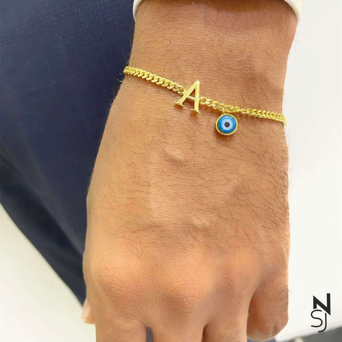 Initial & Blue Evil Eye Adjustable Bracelet