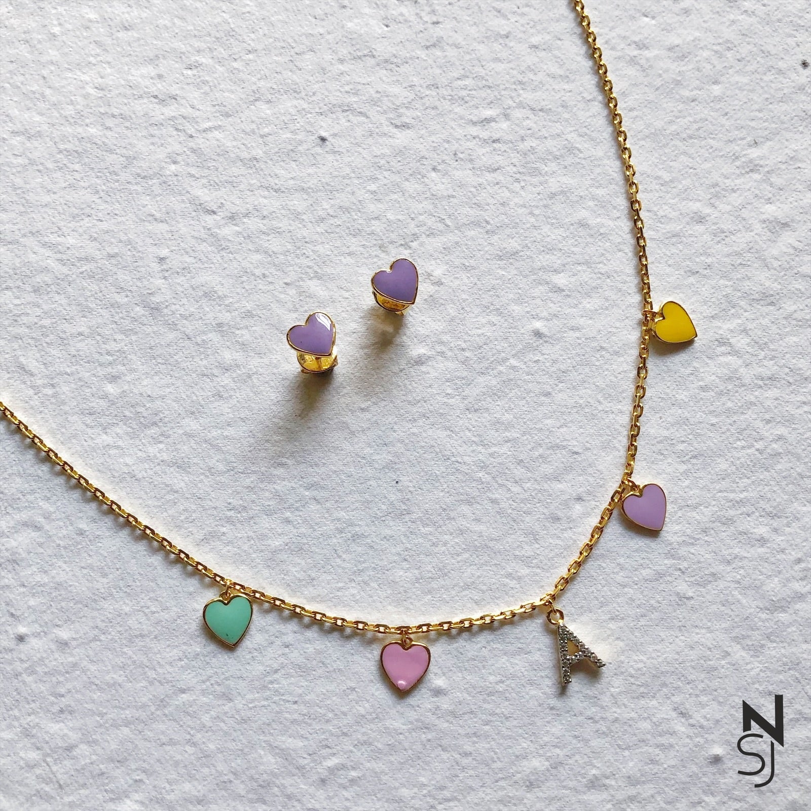 Heartsong Initial Neckchain & Studs Set - Stud Colour - Pink, Yellow, Purple