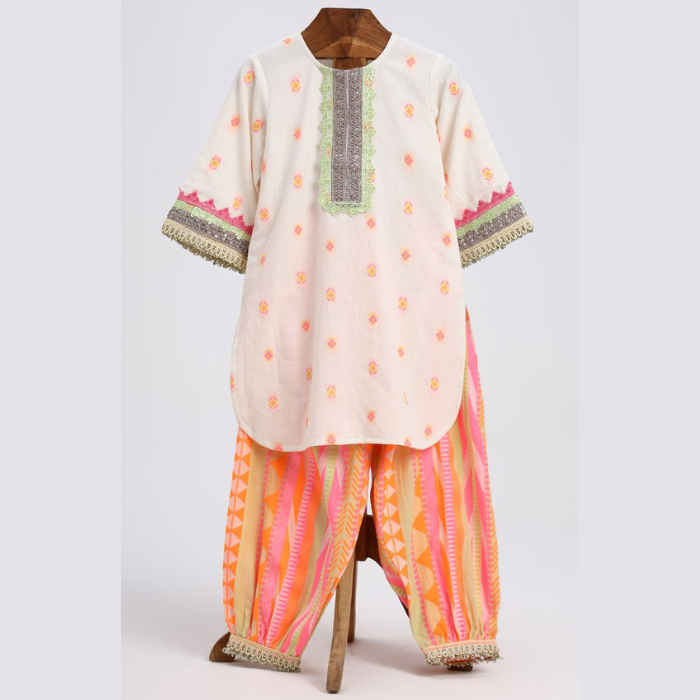 Peach Floral Embroidered Cotton Kurta Set for Girls