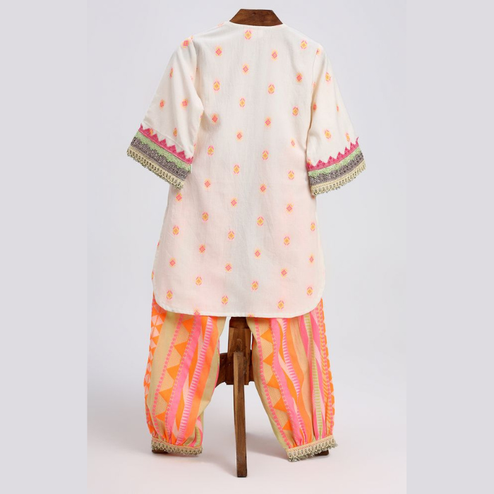 Peach Floral Embroidered Cotton Kurta Set for Girls