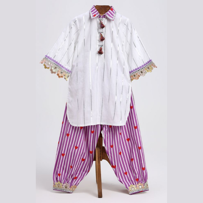 Purple Lace Embroidered Cotton Kurta Set for Girls