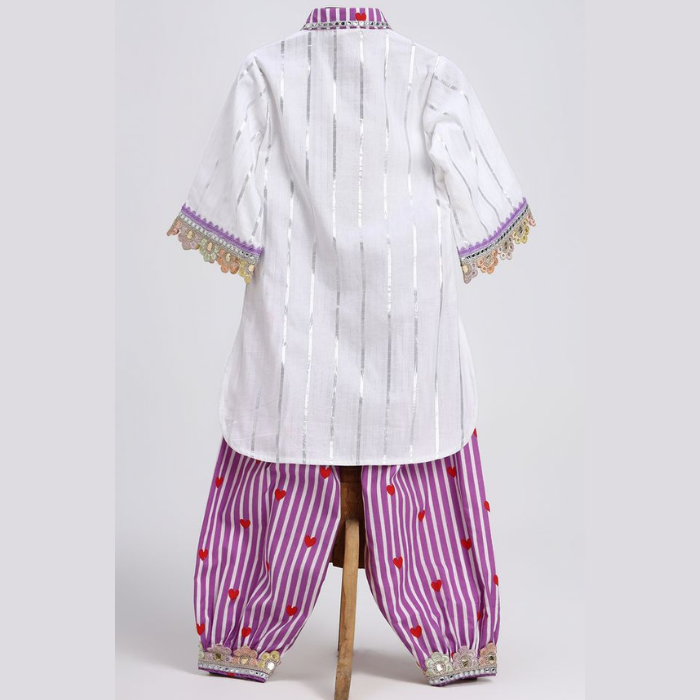 Purple Lace Embroidered Cotton Kurta Set for Girls