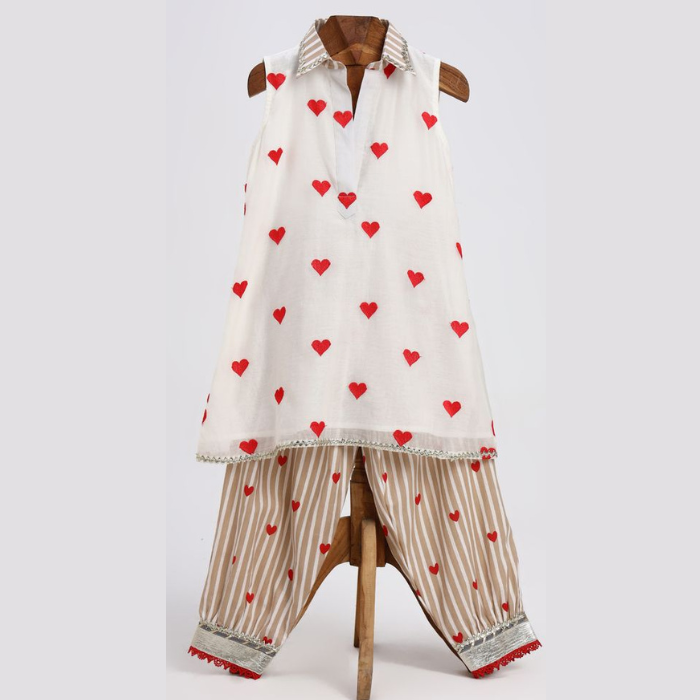 Off-White Gota Patti Cotton Kurta Set for Girls