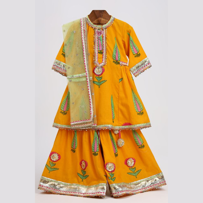 Mustard Floral Printed Sharara Set for Girls