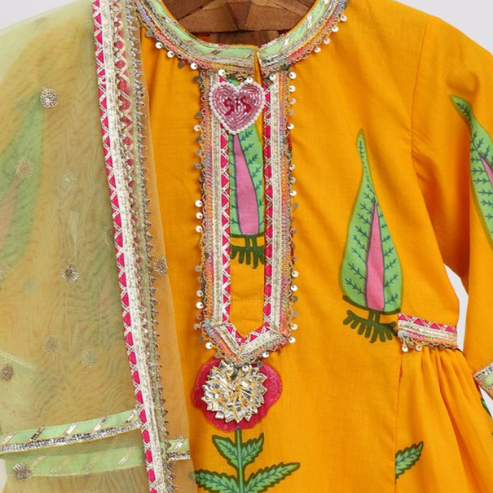 Mustard Floral Printed Sharara Set for Girls