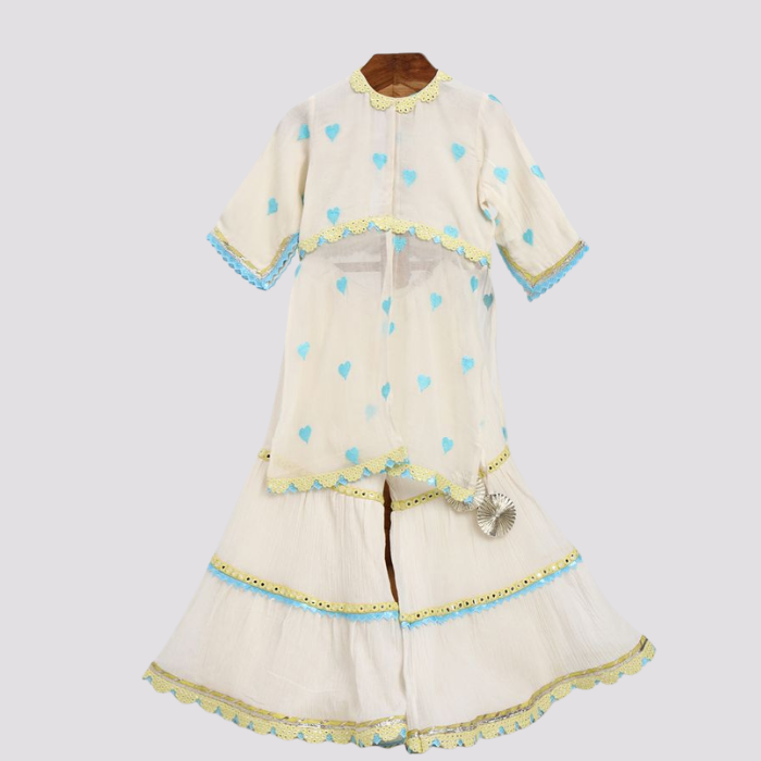 Off-White Embroidered Festive Sharara Set for Girls
