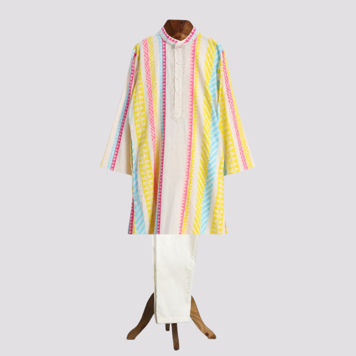 Neon Coral Lace Kurta Pyjama Set for Boys