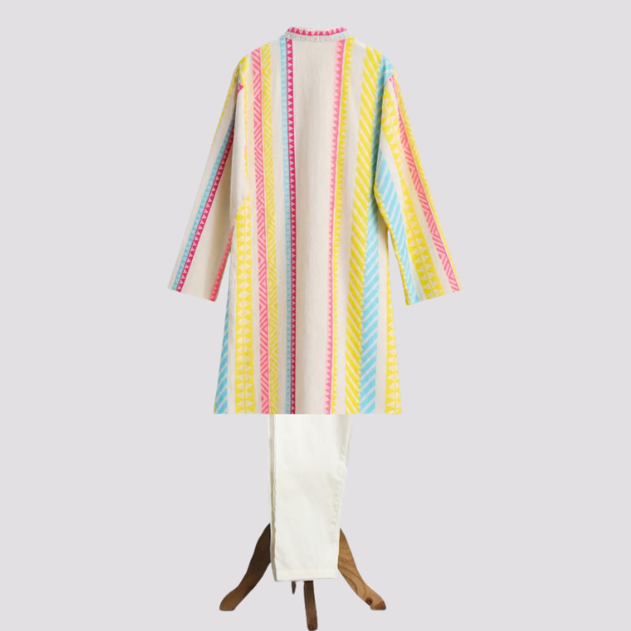 Neon Coral Lace Kurta Pyjama Set for Boys