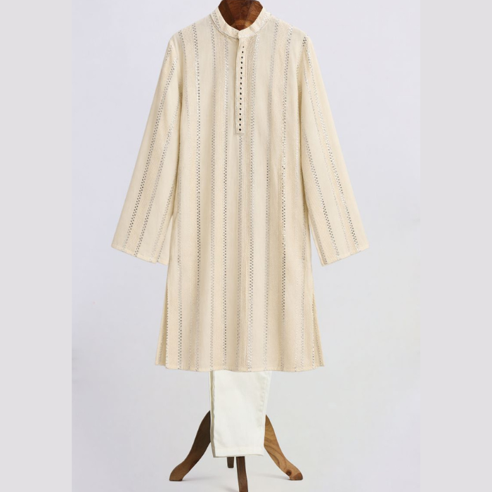 Off-White Mirror Work Kurta Pyjama Set for Boys
