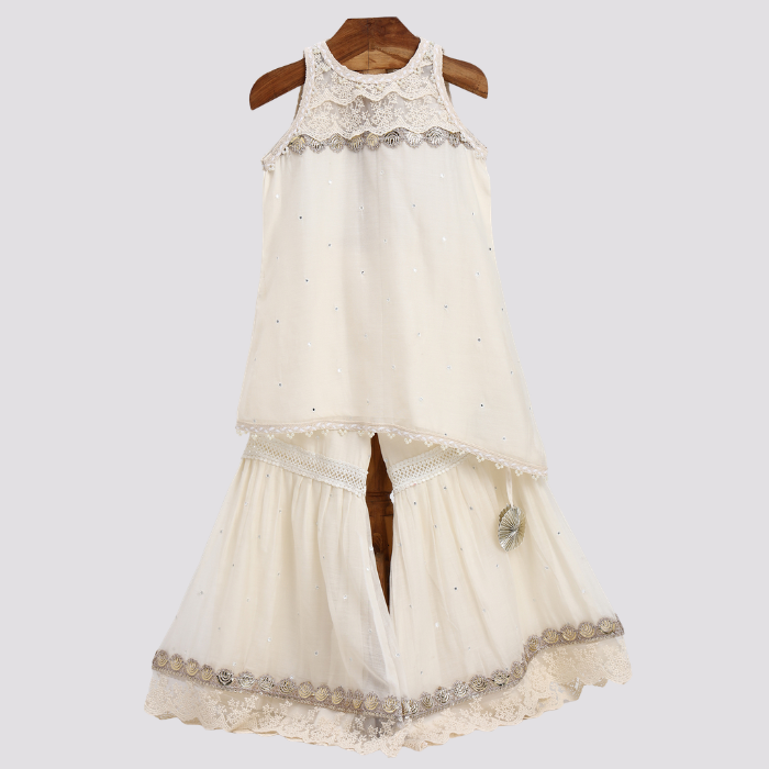 Ivory Festive Embroidered Sharara Set for Girls