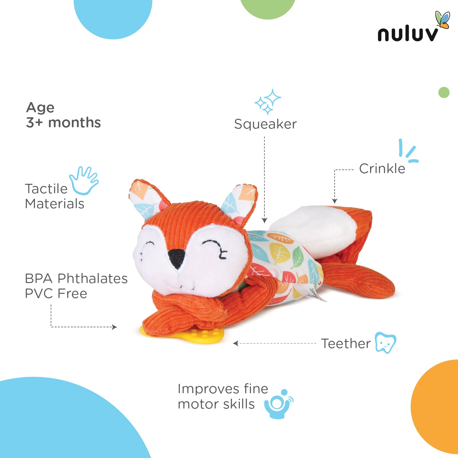 Nuluv Squirrel Soft Toy - Teether, Squeaky Crinkle Squirrel Play Toy For Baby 3 Months+