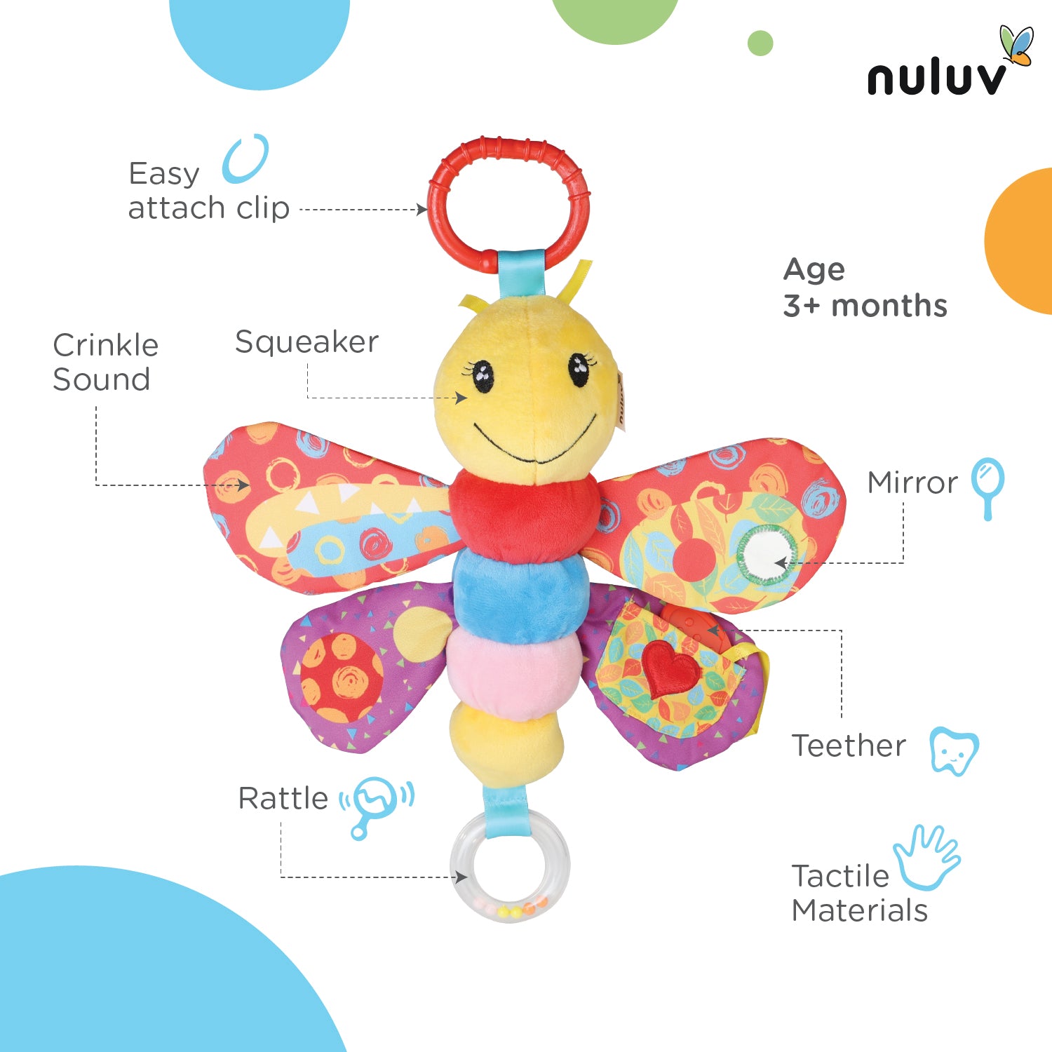 Nuluv Butterfly Plush Toy I Hanging Stroller Toy with Squeaky Crinkle Sound Rattle & Teether for Baby 3 Months+