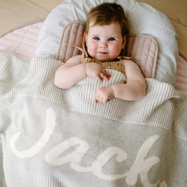 NamelyCo Luxe Rib Name Blanket - Oatmeal & Snow Marle