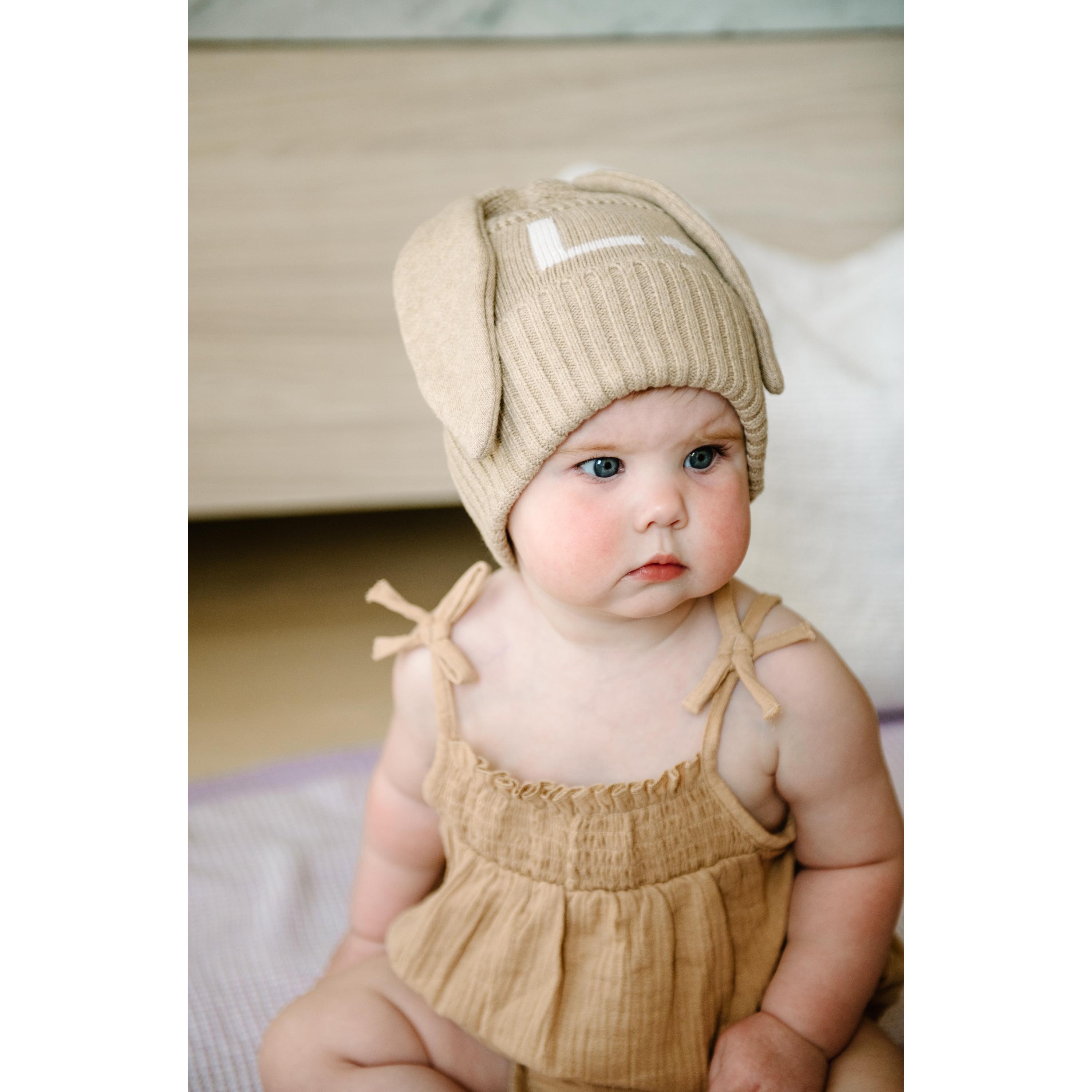 Bunny Beanie - Base: Light Camel; Letter: Ivory