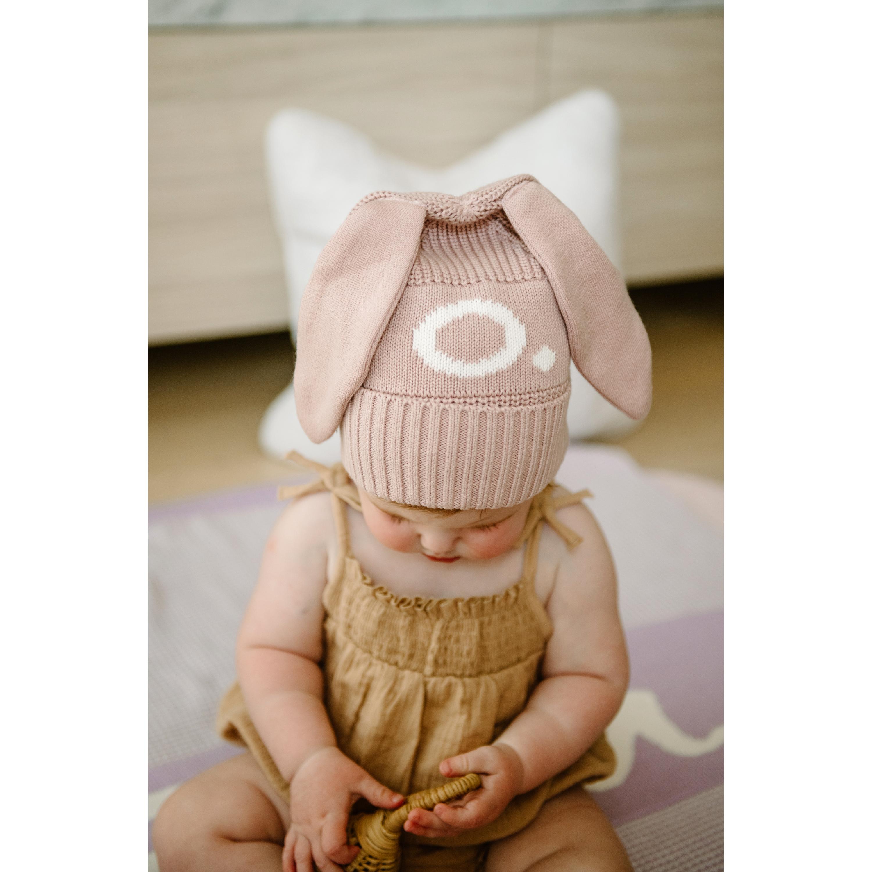 Bunny Beanie - Base: Dusty Rose; Letter: Ivory