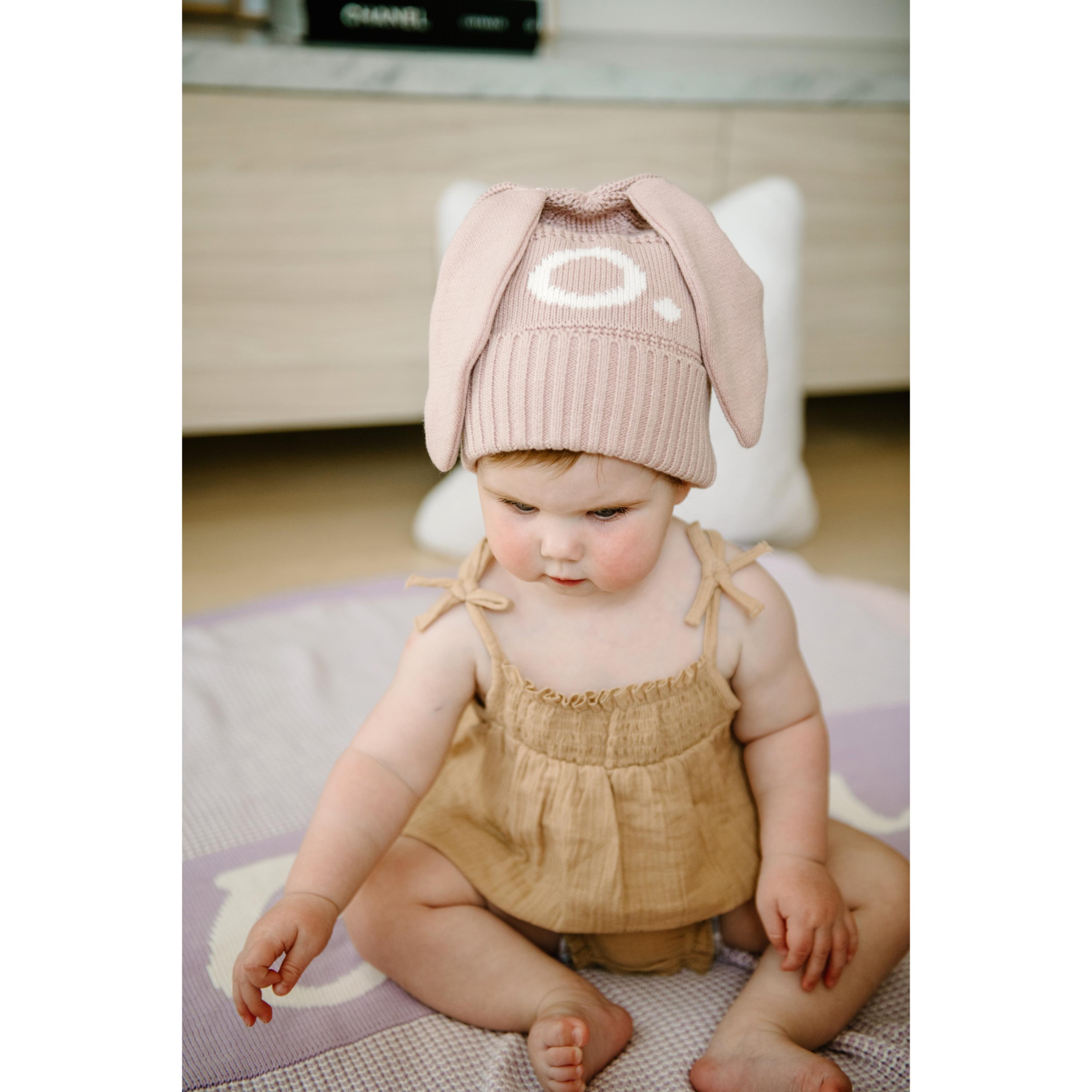 Bunny Beanie - Base: Dusty Rose; Letter: Ivory