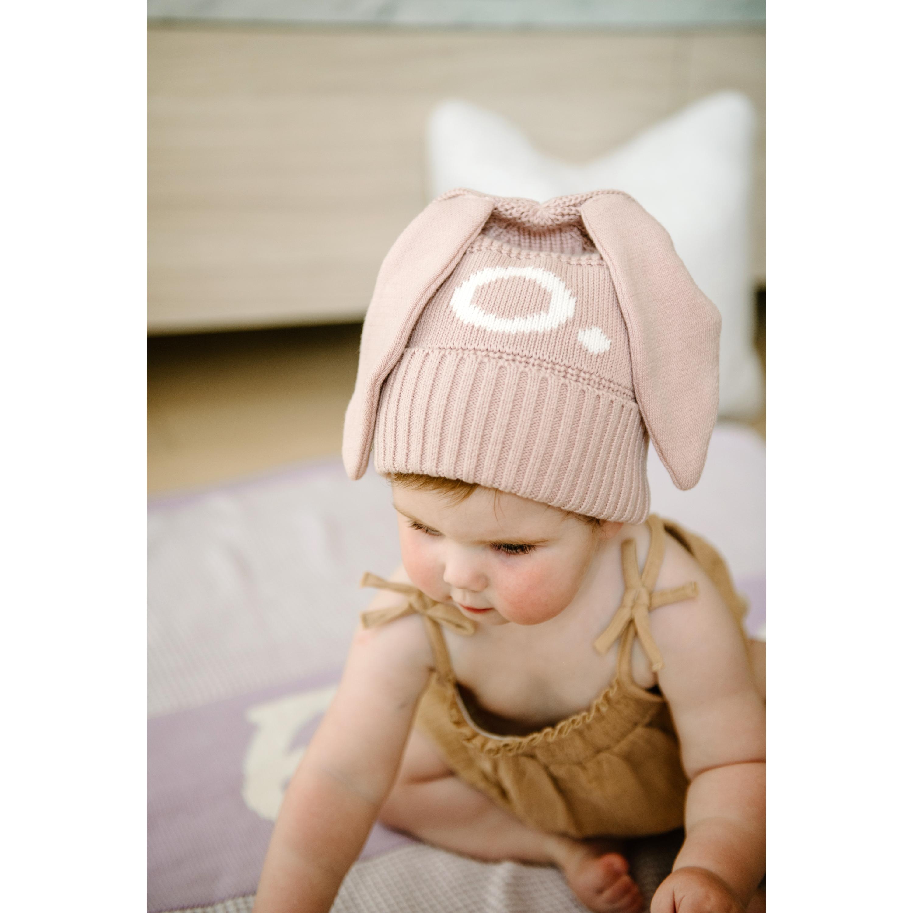 Bunny Beanie - Base: Dusty Rose; Letter: Ivory