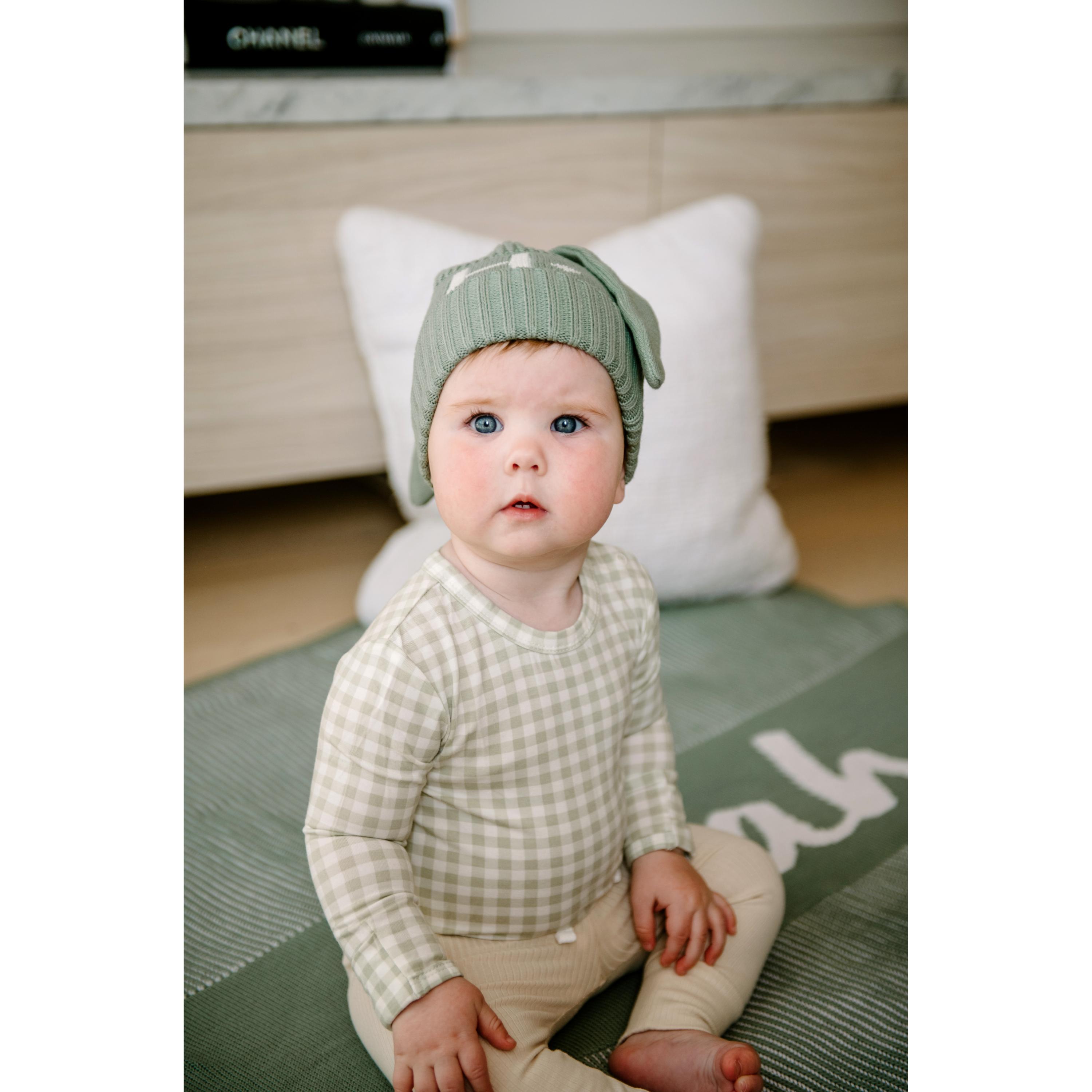 Bunny Beanie - Base: Lily Pad; Letter: Ivory